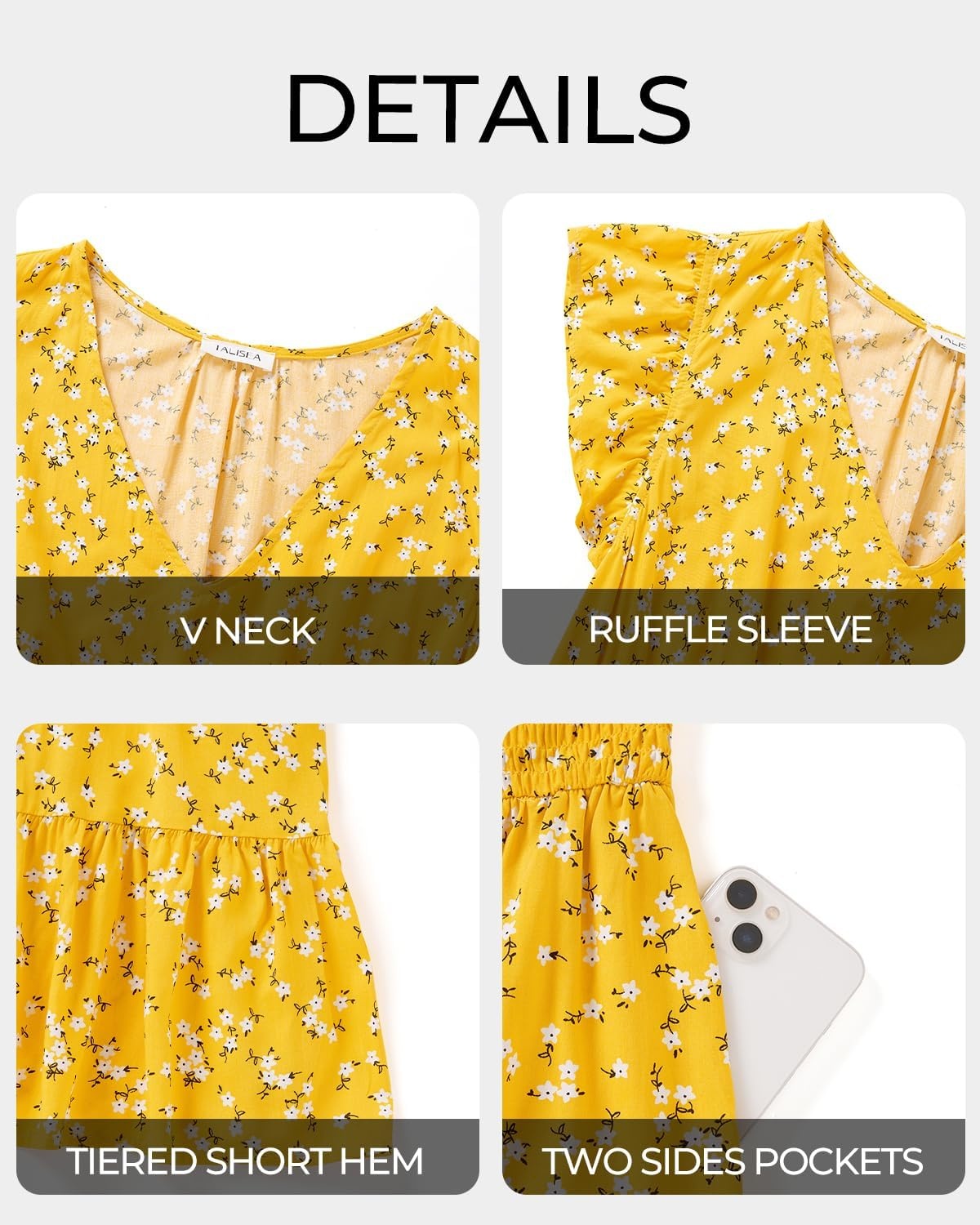 Talisea Womens Plus Size Summer Dress Yellow Floral Casual Boho V Neck Ruffle Sleeve Flowy Short Sundress Pockets Beach