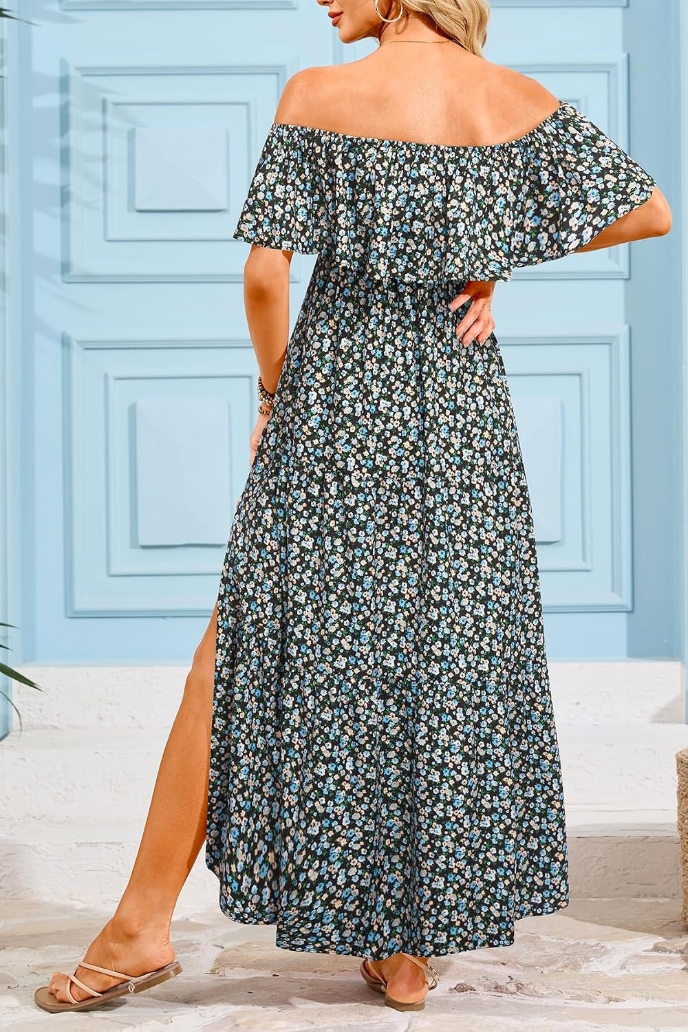 Maternity Dress for Photoshoot Off Shoulder Ruffles Summer Flowy Maxi Pregnancy Dress for Baby Shower with Slit(Black Floral)