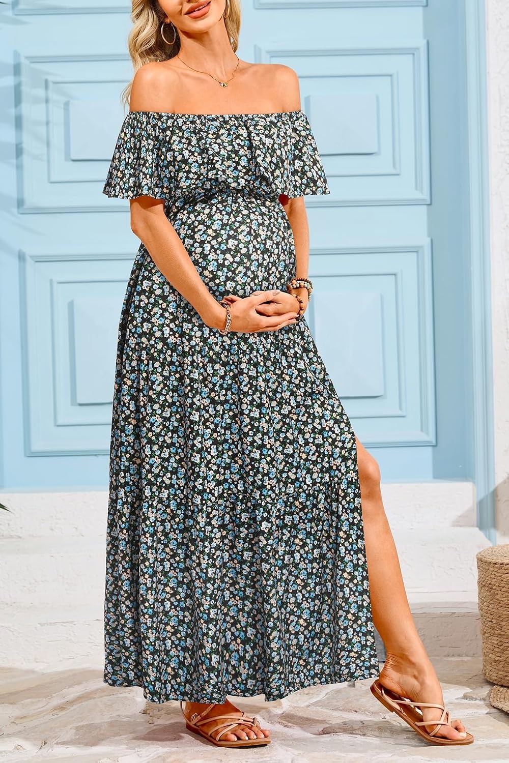 Maternity Dress for Photoshoot Off Shoulder Ruffles Summer Flowy Maxi Pregnancy Dress for Baby Shower with Slit(Black Floral)