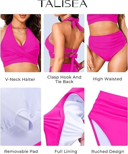 Talisea High Waisted Bikini Set for Women Two Piece Tummy Control Swimsuit Halter Push Up Bathing Suits with Twist Front Top(Hot Pink)