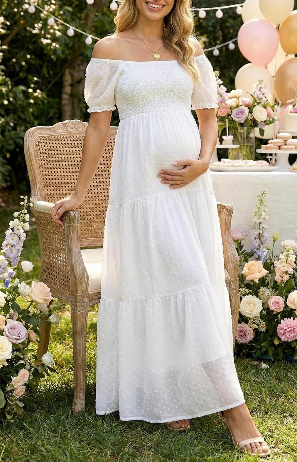 Off The Shoulder Maternity Dress for Baby Shower – Women’s Boho Swiss Dot Smocked Puff Sleeve Maxi Dress(White)