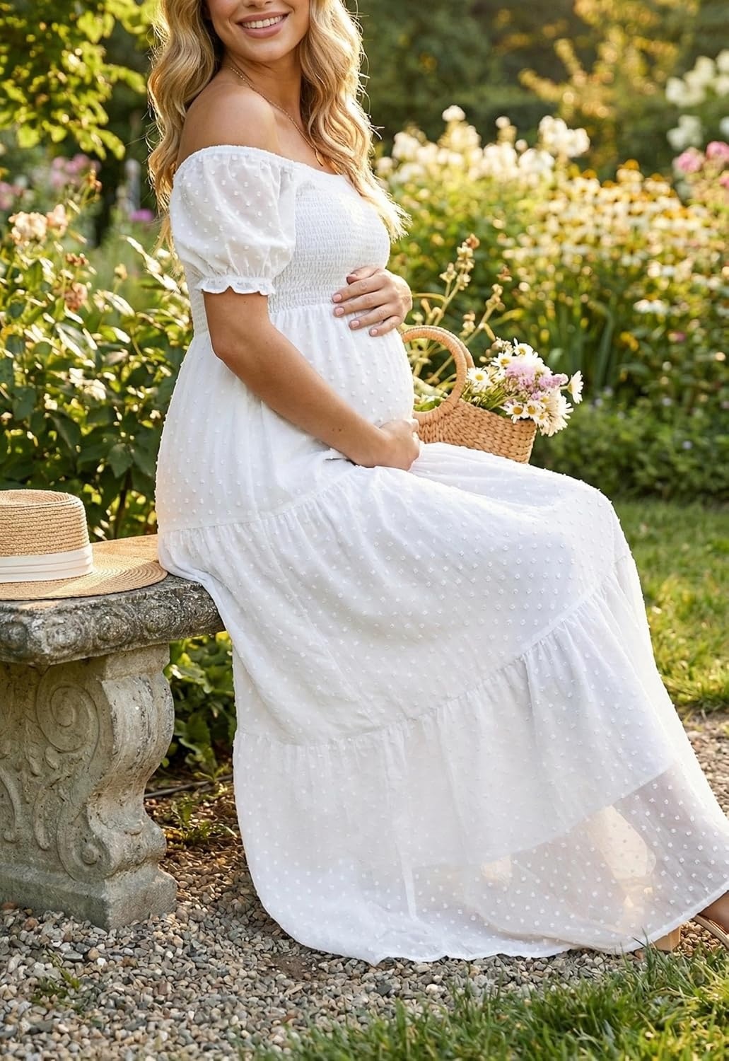 Off The Shoulder Maternity Dress for Baby Shower – Women’s Boho Swiss Dot Smocked Puff Sleeve Maxi Dress(White)