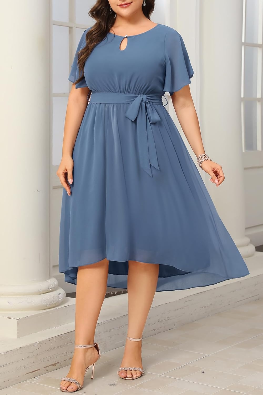Talisea Plus Size Dresses Wedding Guest – Formal Cocktail Chiffon Keyhole Neck Short Sleeve High Low Dress Curvy Women(Dusty Blue)