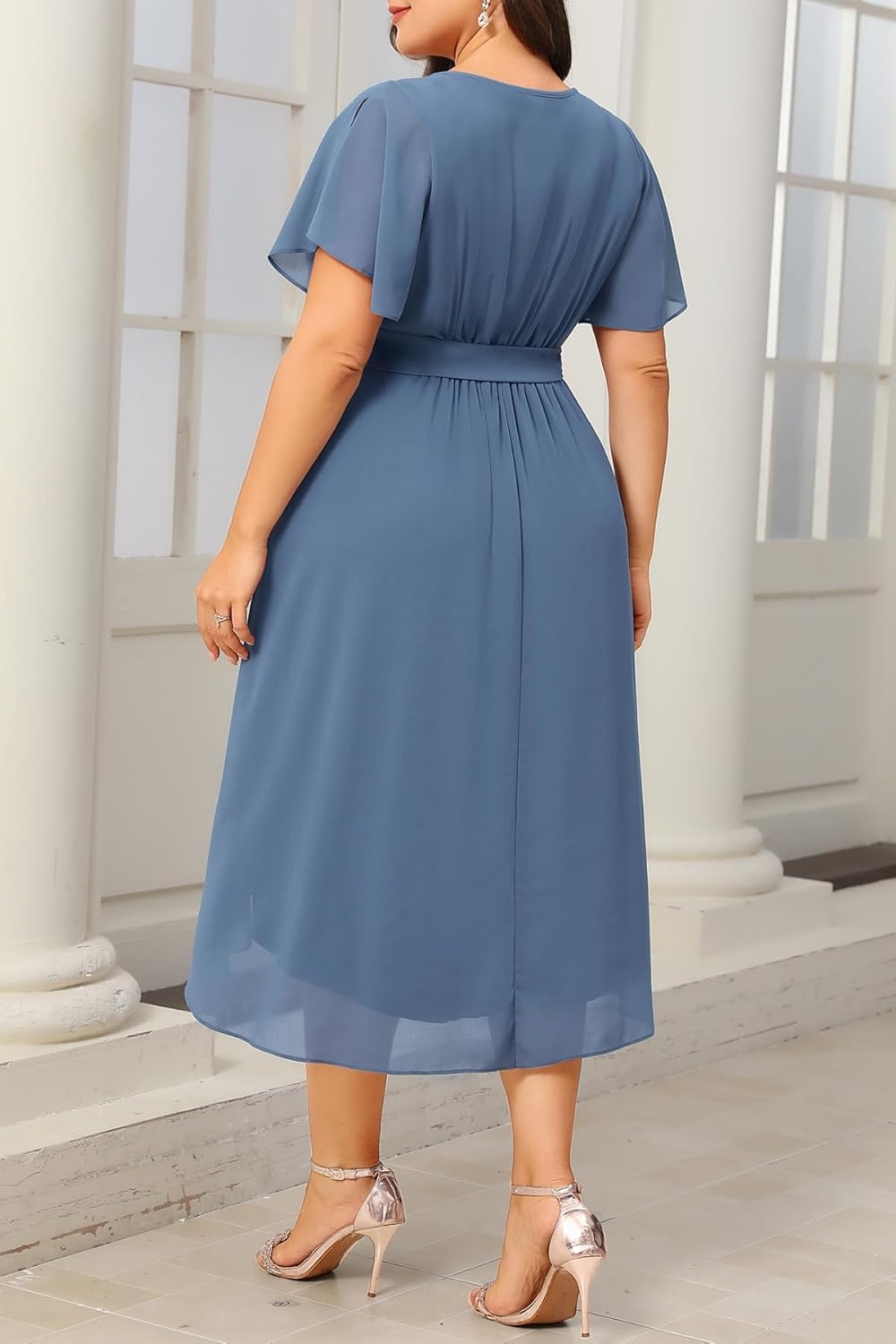 Talisea Plus Size Dresses Wedding Guest – Formal Cocktail Chiffon Keyhole Neck Short Sleeve High Low Dress Curvy Women(Dusty Blue)