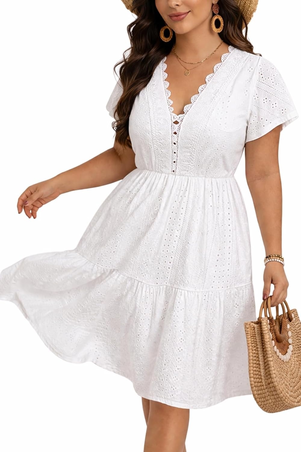 Plus Size Summer Dress – Casual Boho Sundress Eyelet Lace V Neck Short Sleeve Tiered A-Line Midi Flowy Sun Dresses Women(White Eyelet)