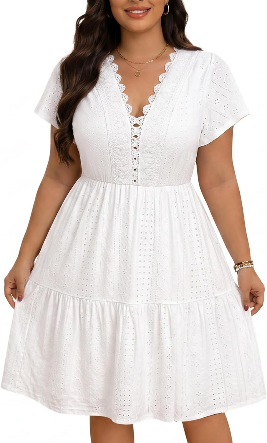 Plus Size Summer Dress – Casual Boho Sundress Eyelet Lace V Neck Short Sleeve Tiered A-Line Midi Flowy Sun Dresses Women(White Eyelet)