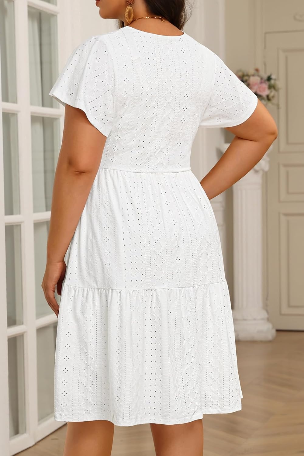 Plus Size Summer Dress – Casual Boho Sundress Eyelet Lace V Neck Short Sleeve Tiered A-Line Midi Flowy Sun Dresses Women(White Eyelet)