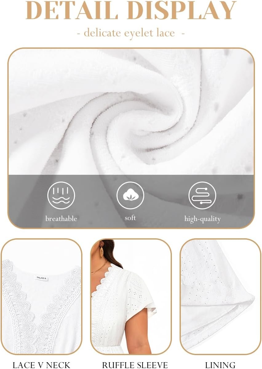 Plus Size Summer Dress – Casual Boho Sundress Eyelet Lace V Neck Short Sleeve Tiered A-Line Midi Flowy Sun Dresses Women(White Eyelet)