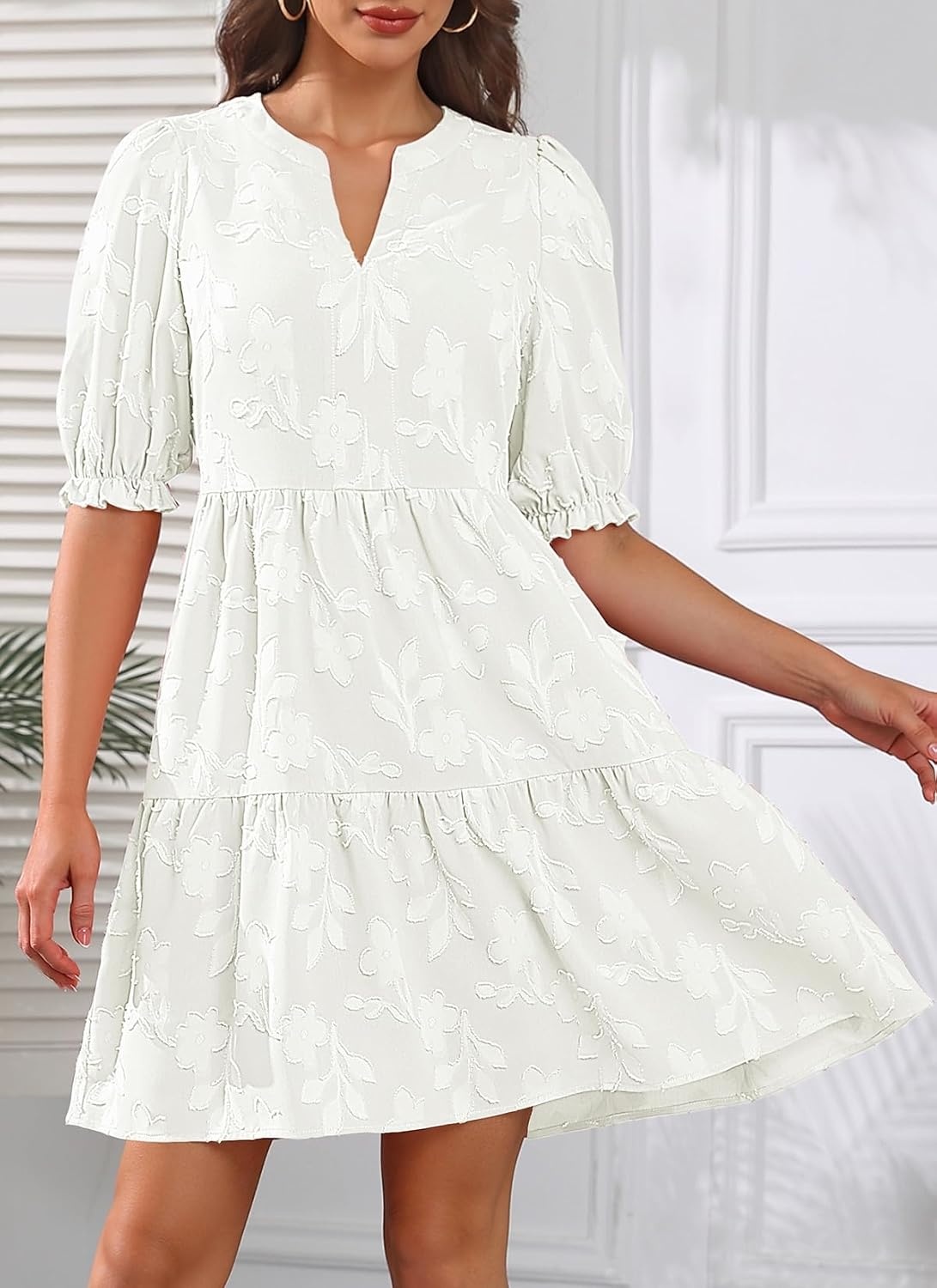 Womens V Neck Floral Babydoll Tiered Tunic Dress | V neck / textured floral / tiered babydoll / flowy tunic / fall summer casual dress(White)