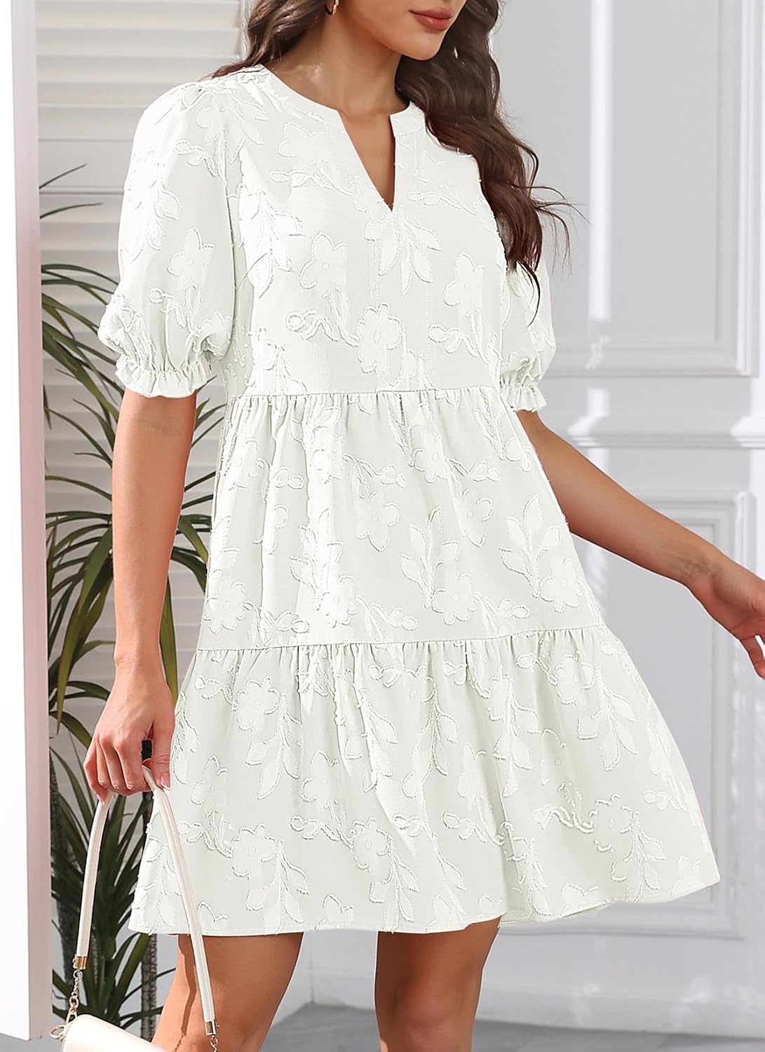 Womens V Neck Floral Babydoll Tiered Tunic Dress | V neck / textured floral / tiered babydoll / flowy tunic / fall summer casual dress(White)