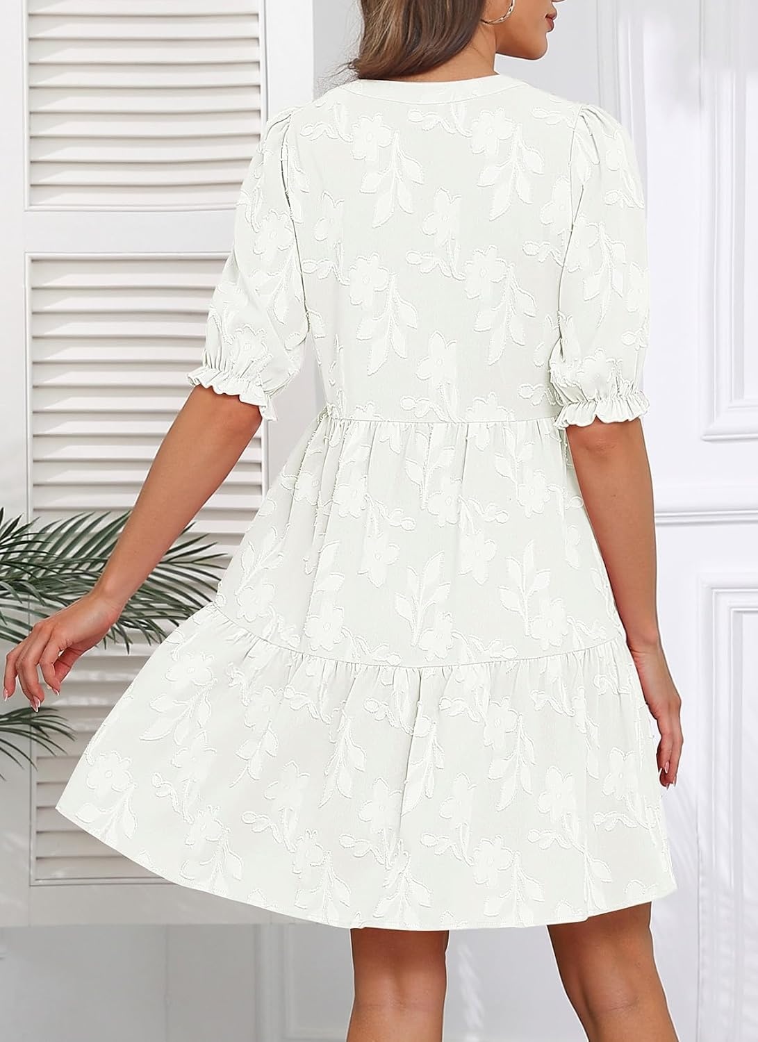 Womens V Neck Floral Babydoll Tiered Tunic Dress | V neck / textured floral / tiered babydoll / flowy tunic / fall summer casual dress(White)