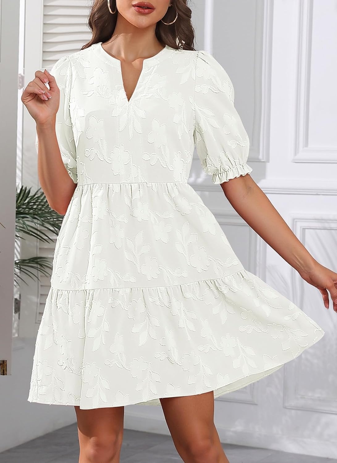 Womens V Neck Floral Babydoll Tiered Tunic Dress | V neck / textured floral / tiered babydoll / flowy tunic / fall summer casual dress(White)