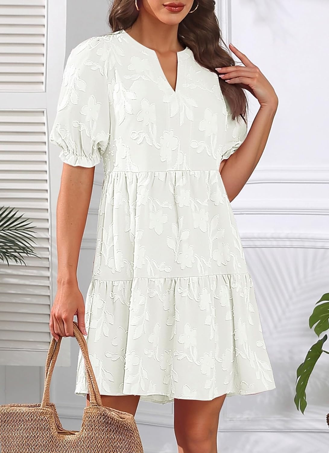Womens V Neck Floral Babydoll Tiered Tunic Dress | V neck / textured floral / tiered babydoll / flowy tunic / fall summer casual dress(White)
