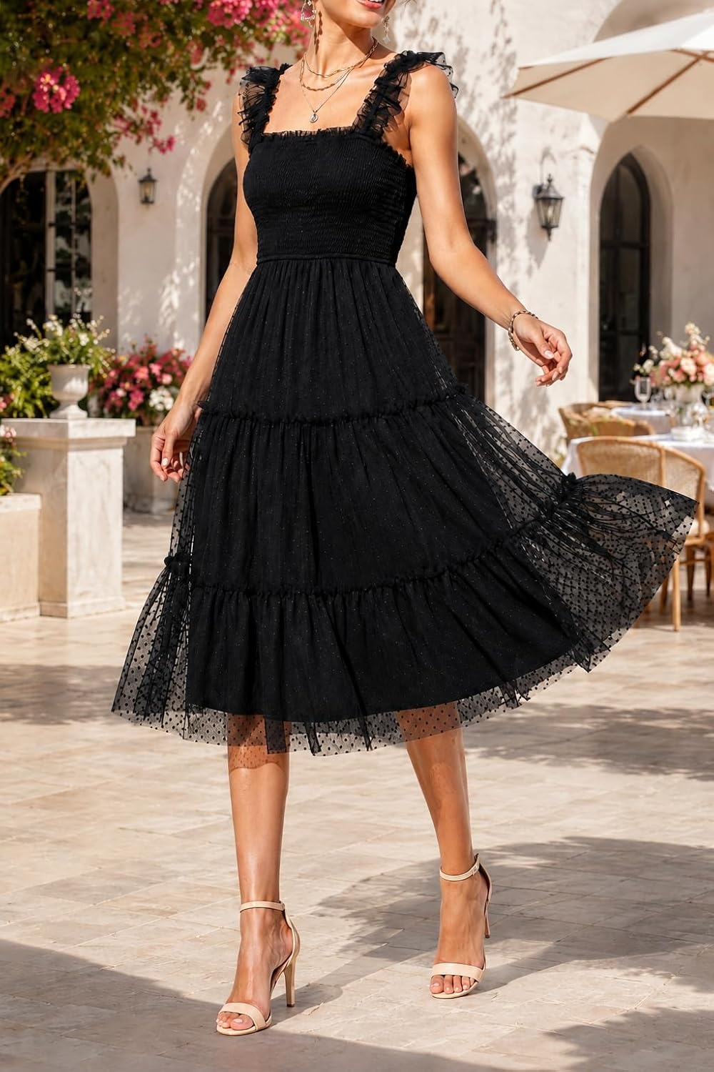 Women’s Wedding Guest Dress Dotted Tulle Smocked Summer Midi Sleeveless Ruffle Tiered Flowy Mesh Party Sundress(Black)