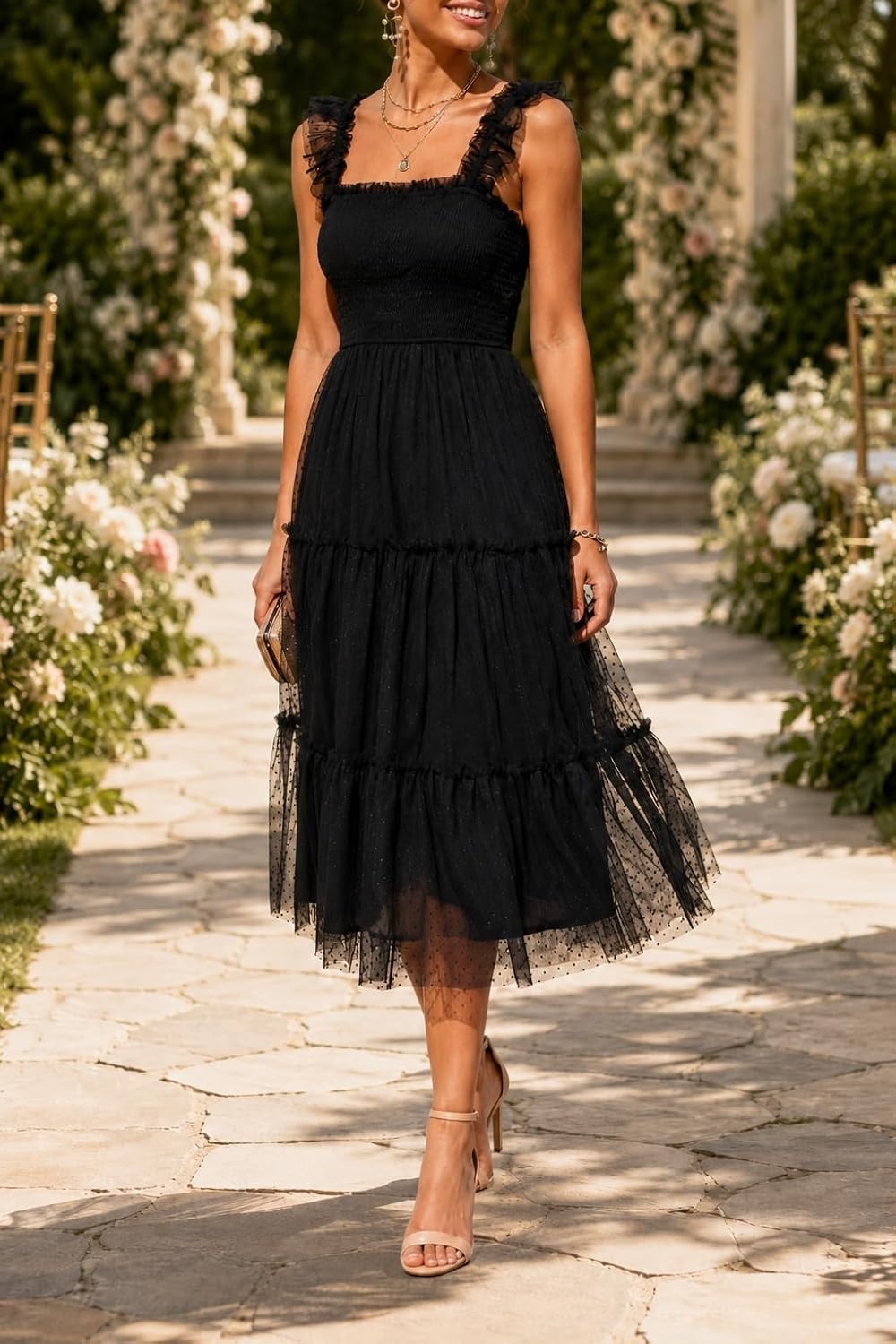 Women’s Wedding Guest Dress Dotted Tulle Smocked Summer Midi Sleeveless Ruffle Tiered Flowy Mesh Party Sundress(Black)