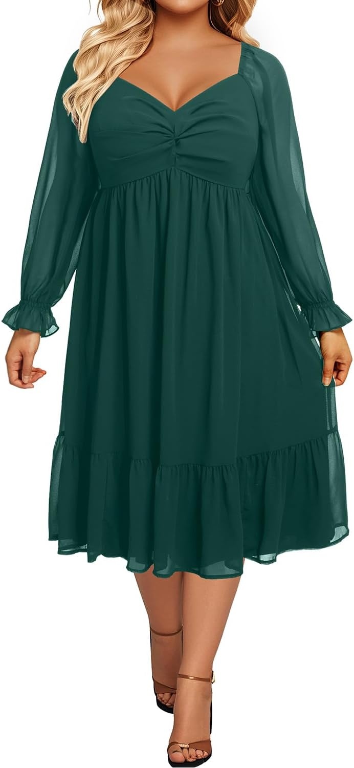 Plus Size Wedding Guest Dress Chiffon Sweetheart A Line Midi Dresses Women | Plus Size Cocktail Wedding Guest Dress Women Fall Semi Formal Dresses for Special Occasions Flowy Chiffon A Line Midi Dress(Green)