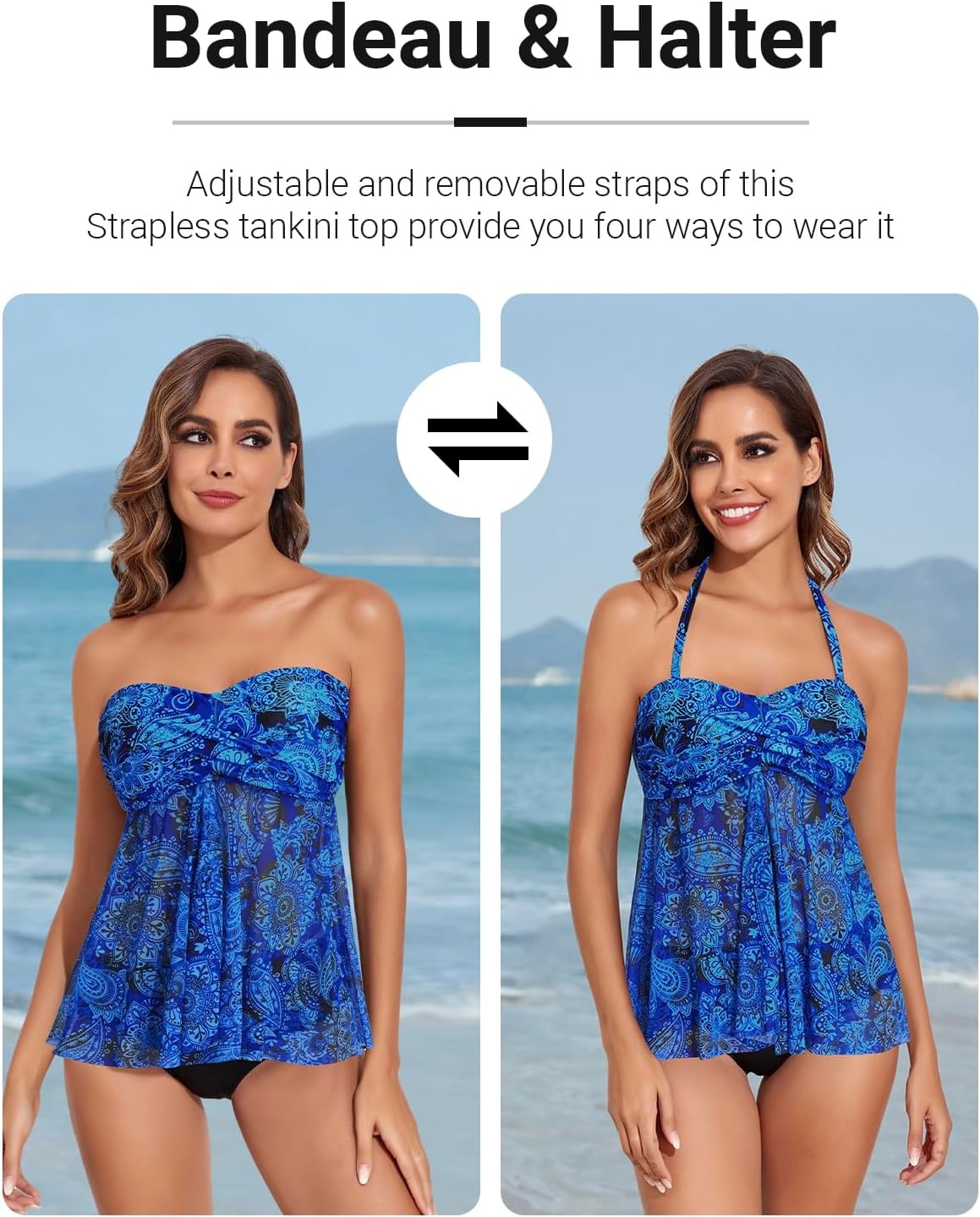 Talisea Women Bandeau Tankini Top Only Mesh Strapless Swimsuits Top Halter Flyaway Bathing Suits No Bottom(Blue Paisley)