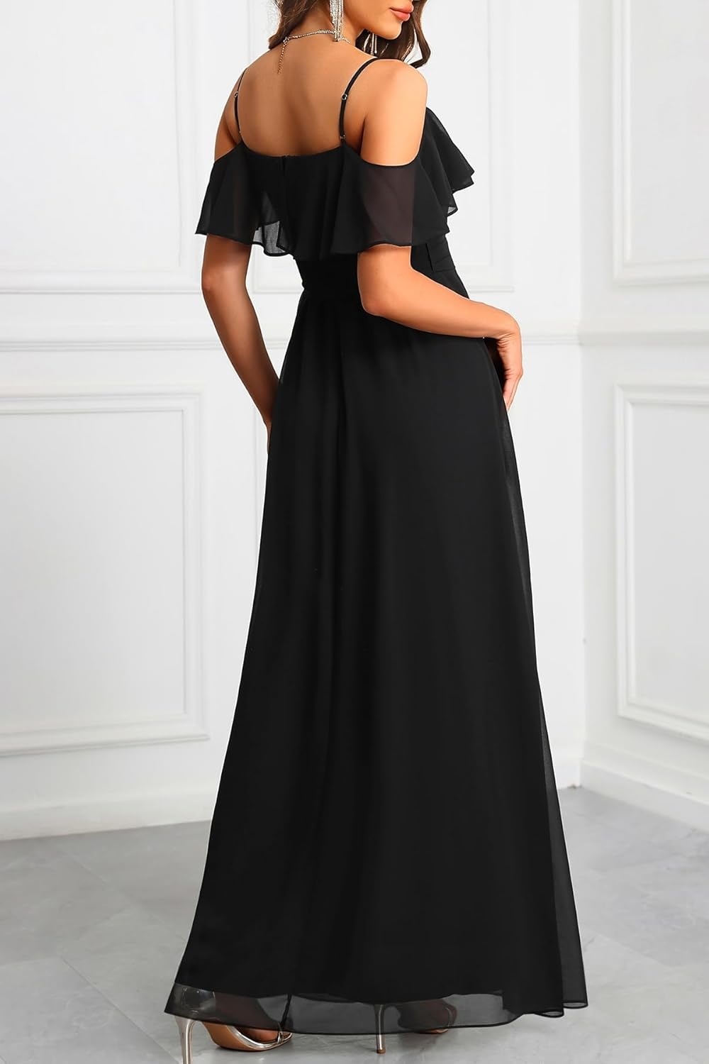 Formal Dresses for Women – Off the Shoulder Wedding Guest Bridesmaid Prom Chiffon Flowy Split A-Line Long Dress(Black)