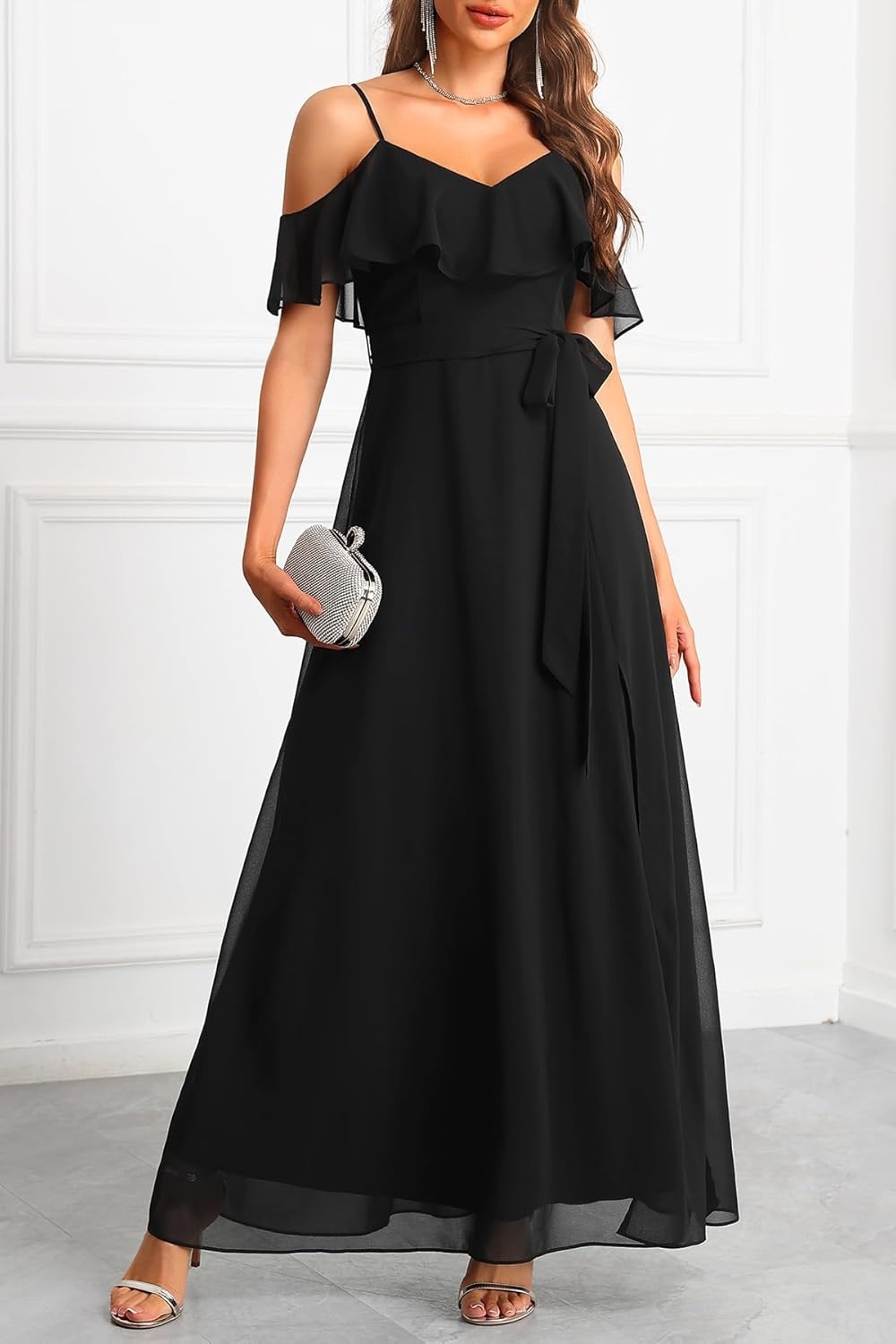 Formal Dresses for Women – Off the Shoulder Wedding Guest Bridesmaid Prom Chiffon Flowy Split A-Line Long Dress(Black)