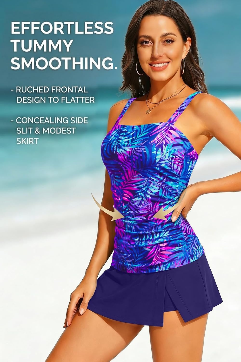 Talisea Womens Two Piece Tankini Bathing Suits with Skirt Tummy Control Swimsuits Ladies Swimwear(Blue Purple Leaves)