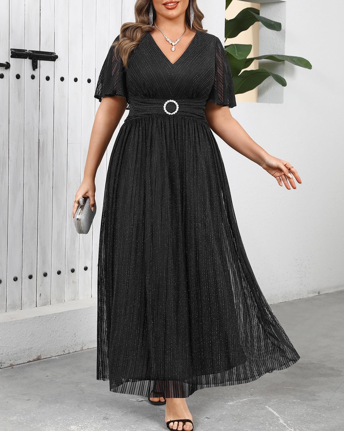 Plus Size Formal Dresses – Wedding Guest Evening Gown Sparkly Sequin Prom Gala Ball Maxi Dress with Short Sleeves(Black)
