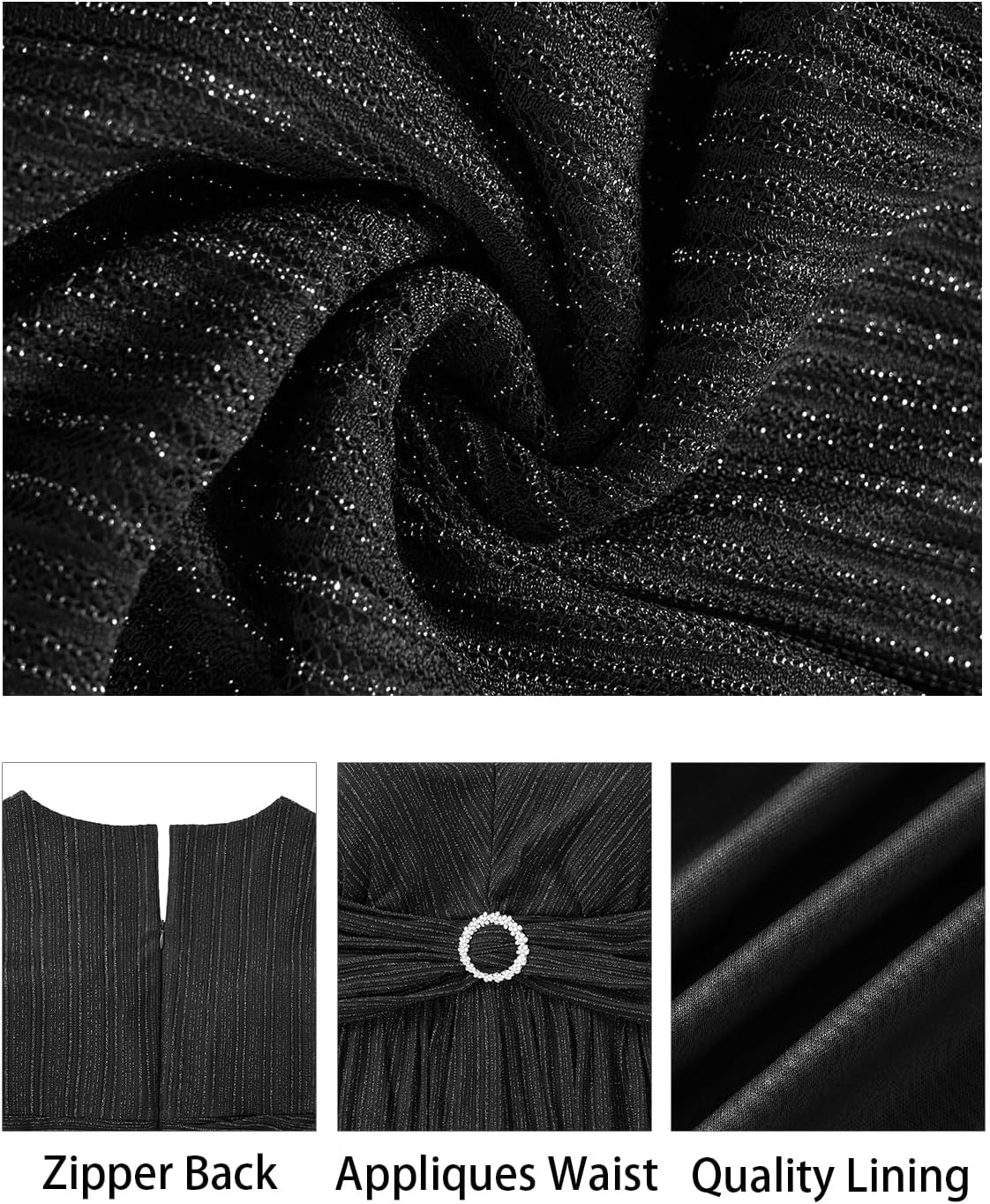 Plus Size Formal Dresses – Wedding Guest Evening Gown Sparkly Sequin Prom Gala Ball Maxi Dress with Short Sleeves(Black)