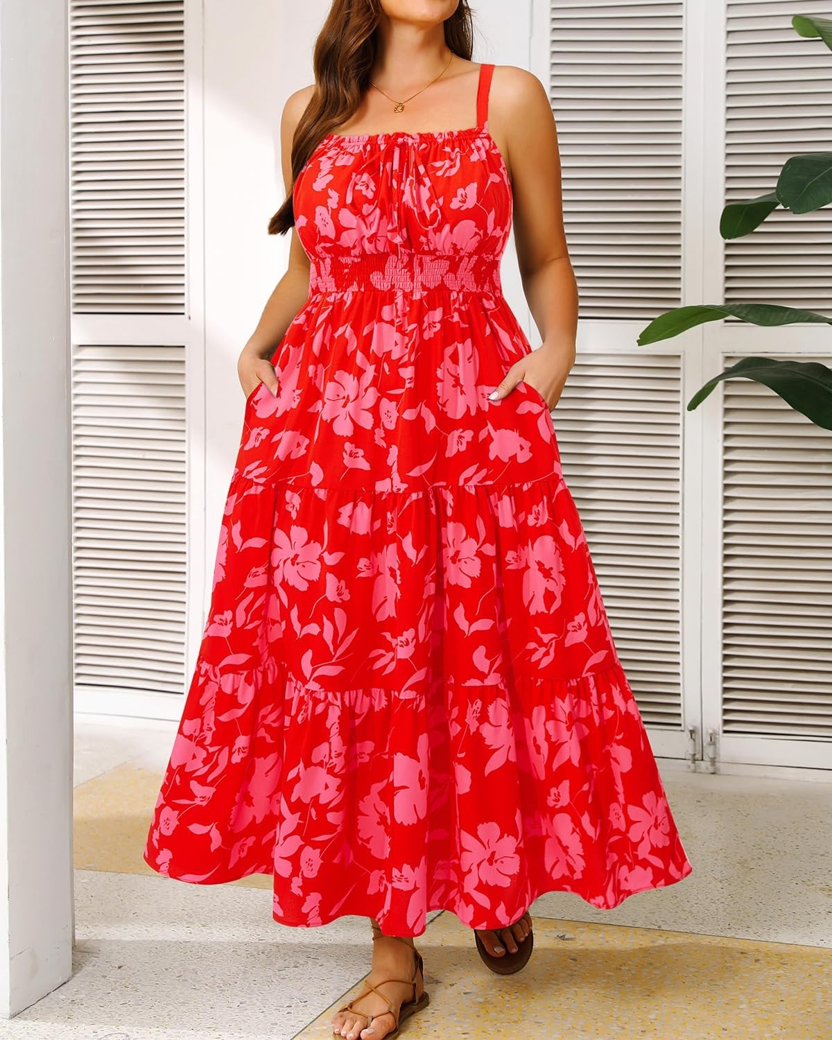 Plus Size Summer Dresses – Boho Maxi Sundress with Pockets Spaghetti Strap Long Casual Sun Dress for Vacation and Beach(Red Floral)