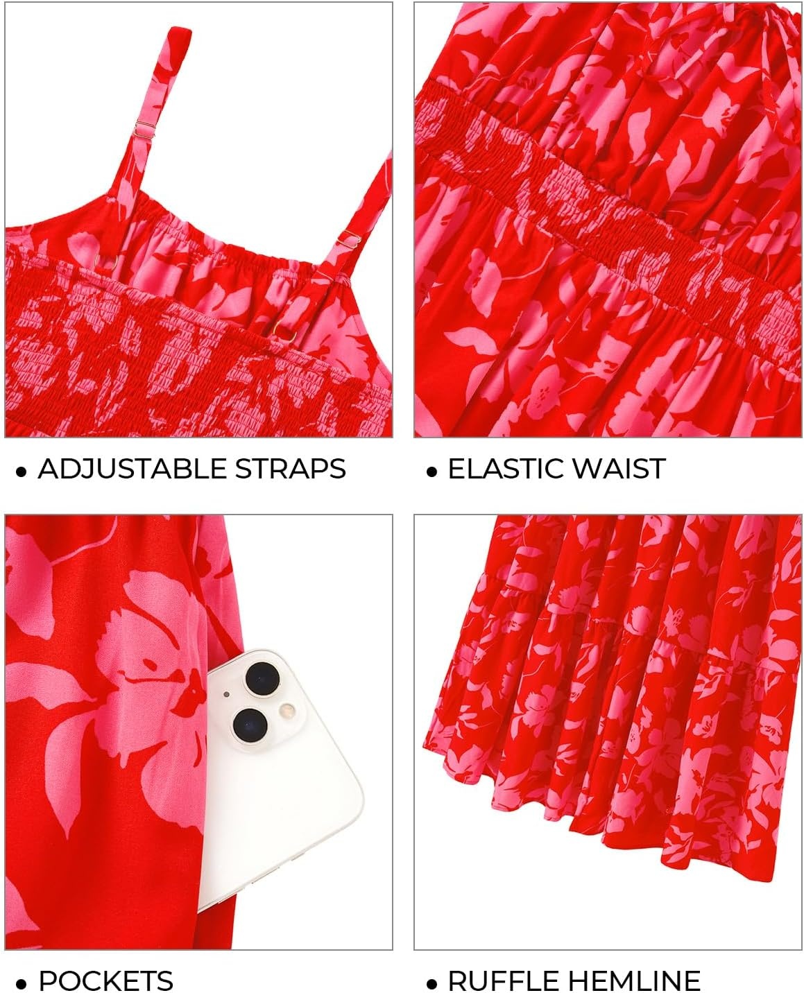 Plus Size Summer Dresses – Boho Maxi Sundress with Pockets Spaghetti Strap Long Casual Sun Dress for Vacation and Beach(Red Floral)