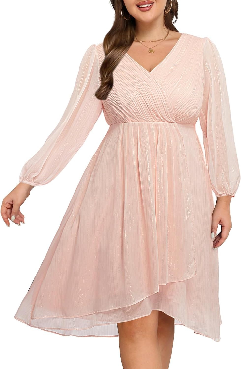 Plus Size Wedding Guest Dress – Formal Long Sleeve A Line V Neck Midi Dress | Formal fall wedding guest dress, cocktail sparkle dress, A-line pleated midi style with long sleeves & V-neck for women.(Pink)