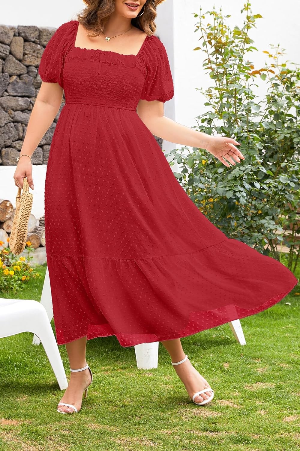 Plus Size Summer Dresses – Swiss Dot Smocked Square Neck Puff Sleeve Boho Maternity Maxi Dress for Baby Shower Wedding Guest(Red)