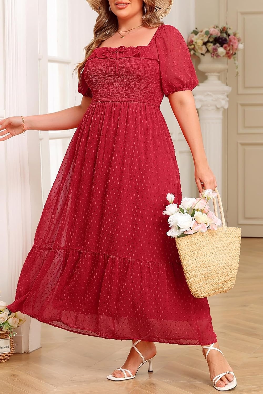 Plus Size Summer Dresses – Swiss Dot Smocked Square Neck Puff Sleeve Boho Maternity Maxi Dress for Baby Shower Wedding Guest(Red)