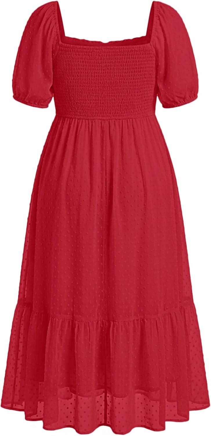 Plus Size Summer Dresses – Swiss Dot Smocked Square Neck Puff Sleeve Boho Maternity Maxi Dress for Baby Shower Wedding Guest(Red)