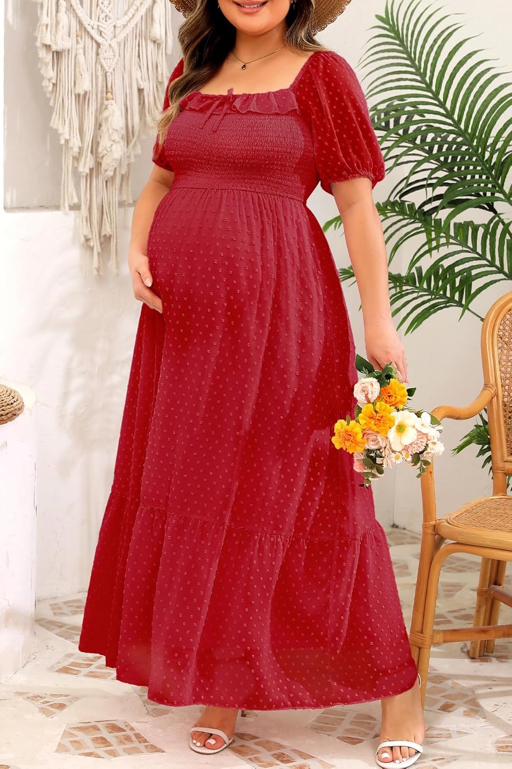 Plus Size Summer Dresses – Swiss Dot Smocked Square Neck Puff Sleeve Boho Maternity Maxi Dress for Baby Shower Wedding Guest(Red)