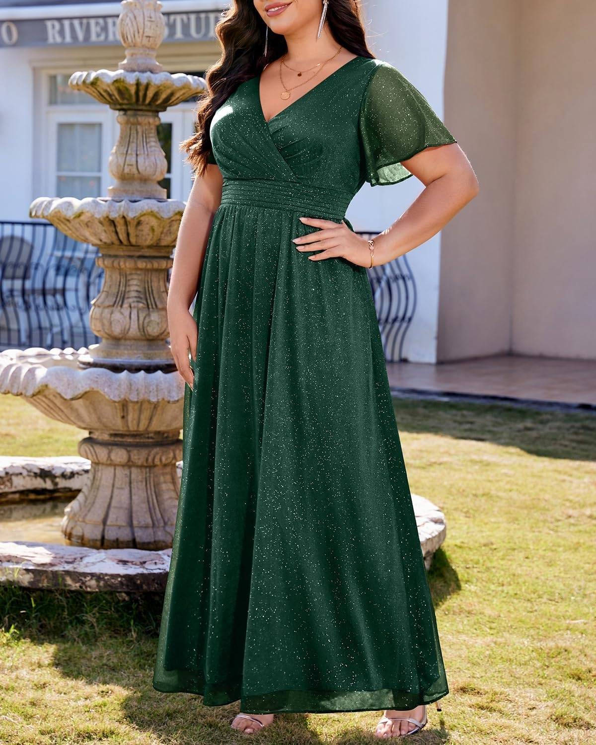 Talisea Plus Size Formal Dresses – V Neck Flutter Sleeve Glitter Prom Evening Gowns Wedding Guest Chiffon Long Maxi Dress(Green-glitter)