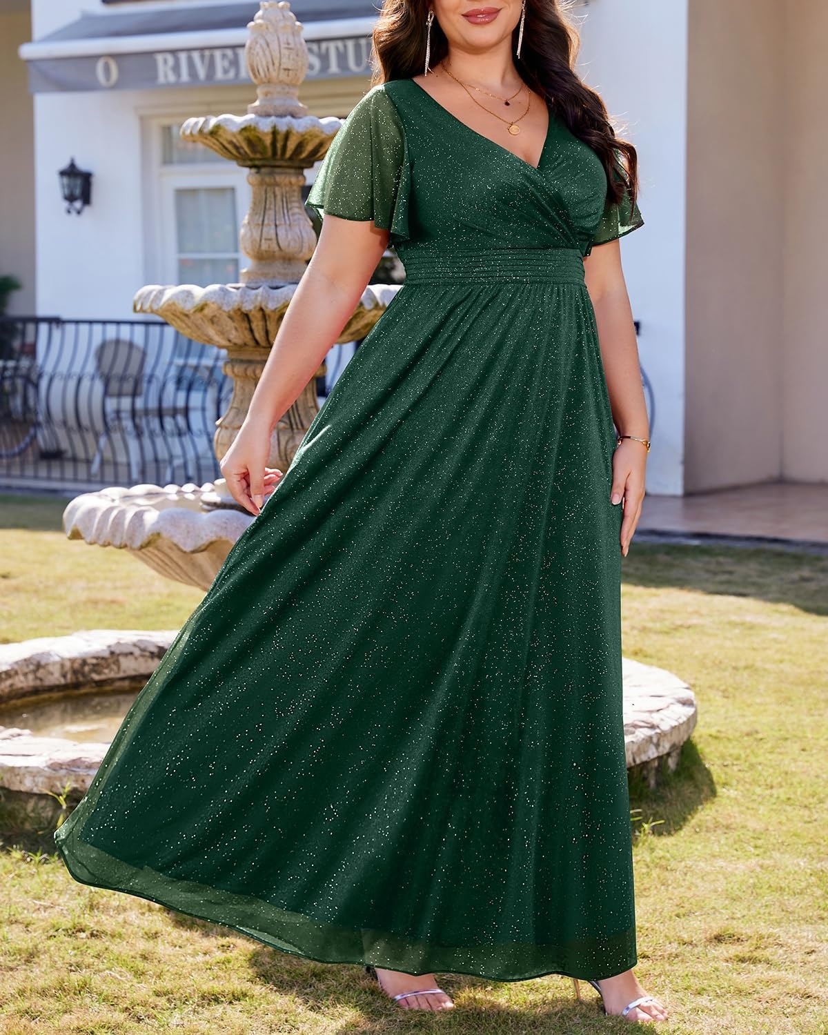 Talisea Plus Size Formal Dresses – V Neck Flutter Sleeve Glitter Prom Evening Gowns Wedding Guest Chiffon Long Maxi Dress(Green-glitter)
