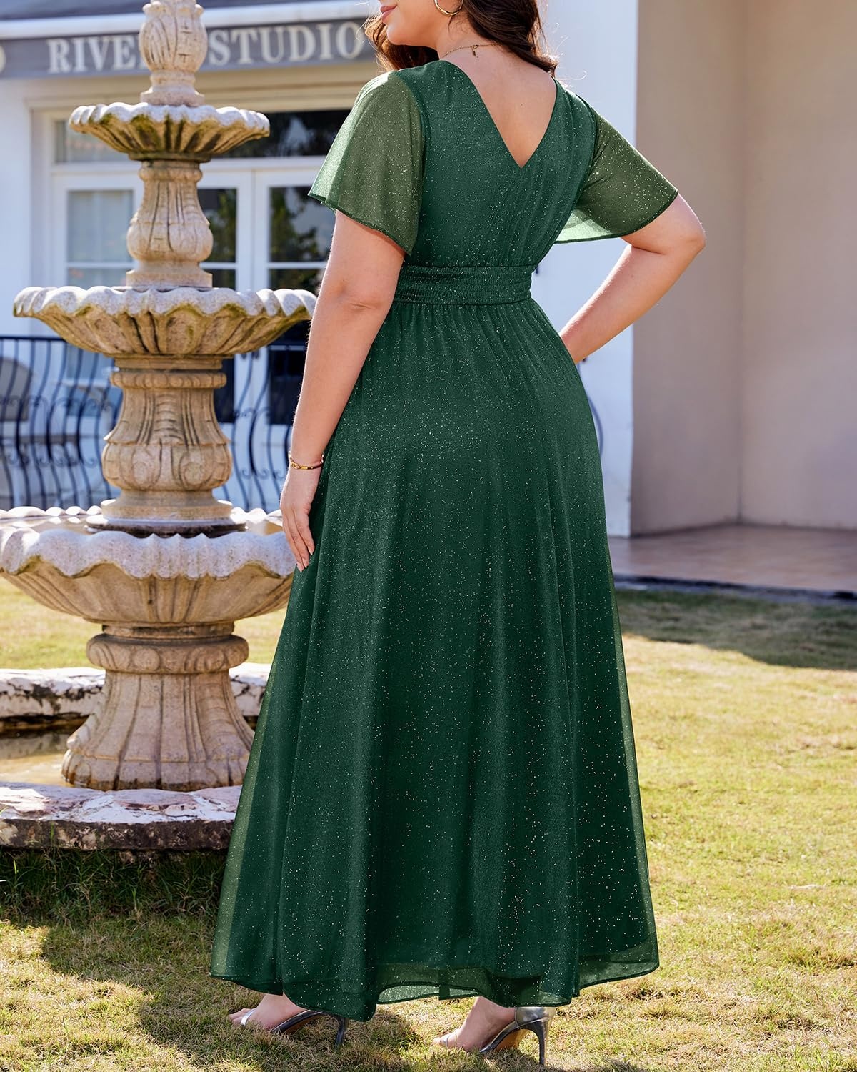 Talisea Plus Size Formal Dresses – V Neck Flutter Sleeve Glitter Prom Evening Gowns Wedding Guest Chiffon Long Maxi Dress(Green-glitter)