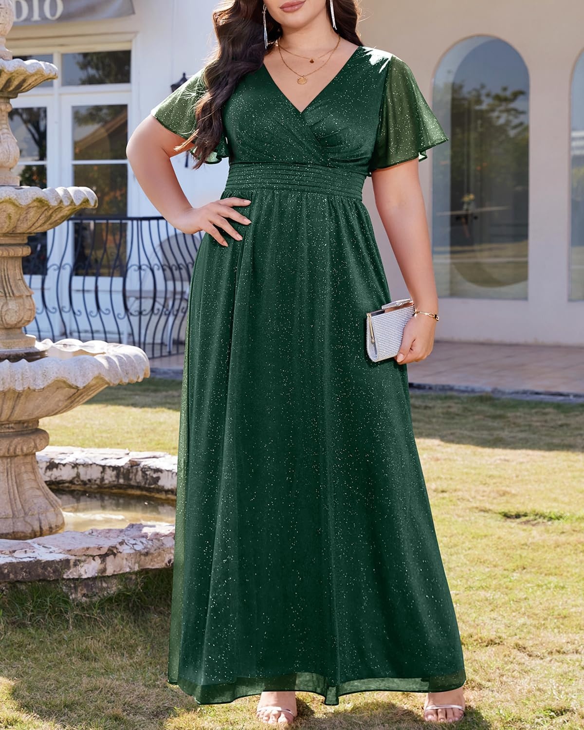 Talisea Plus Size Formal Dresses – V Neck Flutter Sleeve Glitter Prom Evening Gowns Wedding Guest Chiffon Long Maxi Dress(Green-glitter)