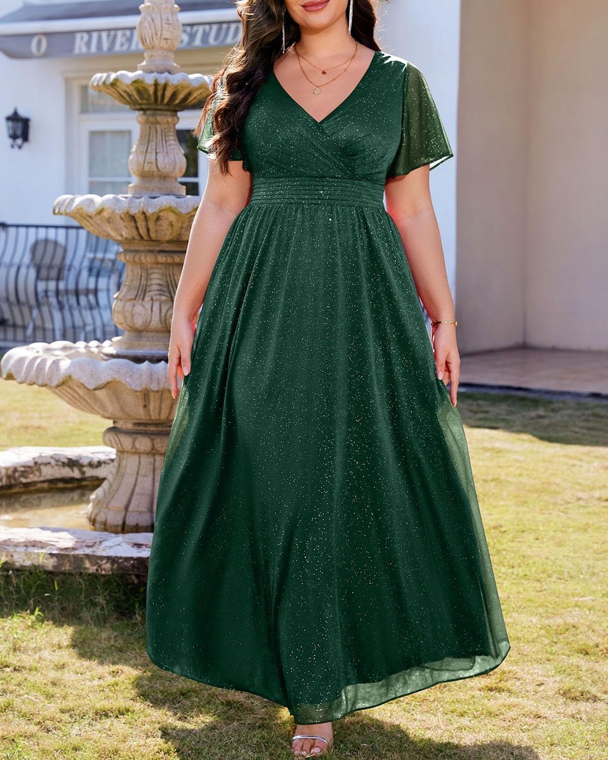 Talisea Plus Size Formal Dresses – V Neck Flutter Sleeve Glitter Prom Evening Gowns Wedding Guest Chiffon Long Maxi Dress(Green-glitter)