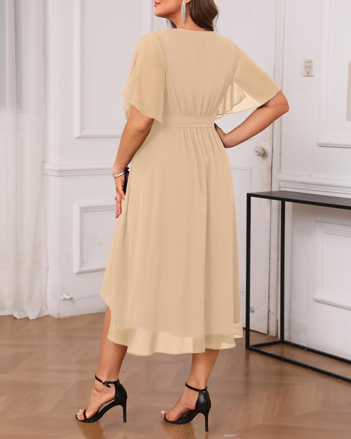 Talisea Plus Size Dresses Wedding Guest – Formal Cocktail Chiffon V Neck Short Sleeve High Low Dress Curvy Women(Champagne)