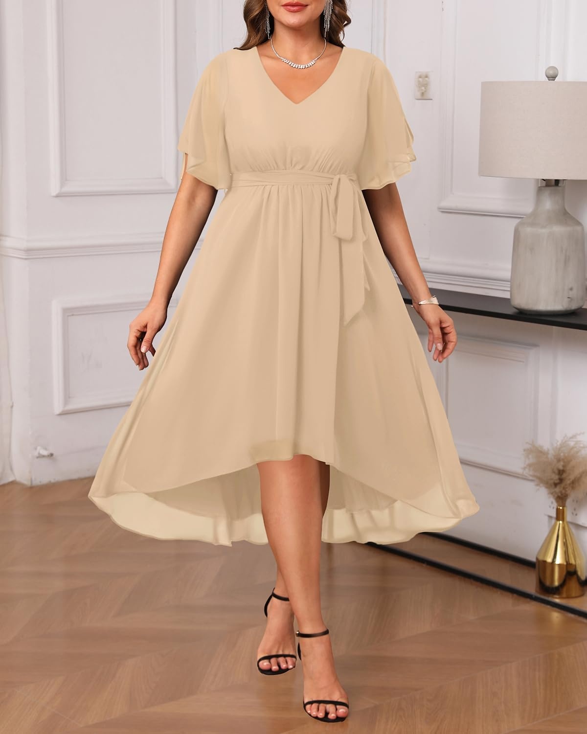 Talisea Plus Size Dresses Wedding Guest – Formal Cocktail Chiffon V Neck Short Sleeve High Low Dress Curvy Women(Champagne)