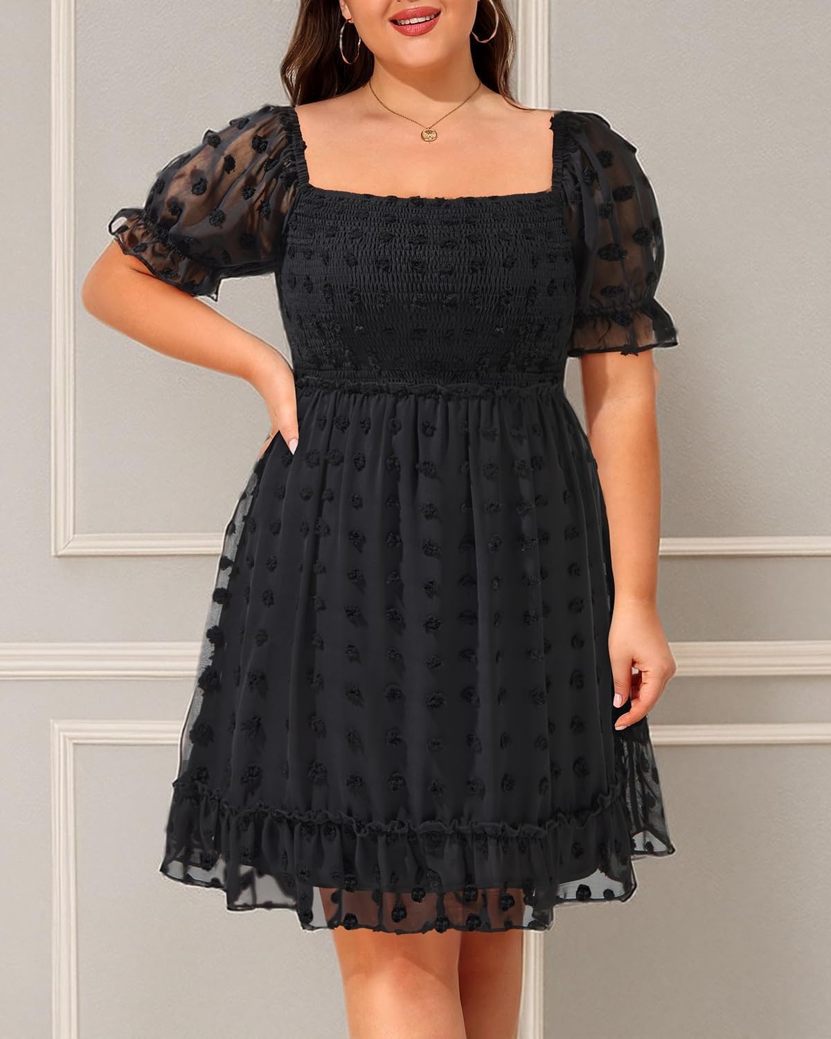 Plus Size Square Neck Puff Sleeve Swiss Dot Graduation Dress(Black)