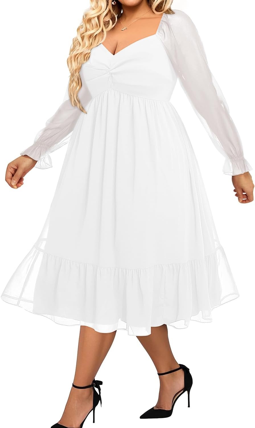 Plus Size Wedding Guest Dress Chiffon Sweetheart A Line Midi Dresses Women | Plus Size Cocktail Wedding Guest Dress Women Fall Semi Formal Dresses for Special Occasions Flowy Chiffon A Line Midi Dress(White)