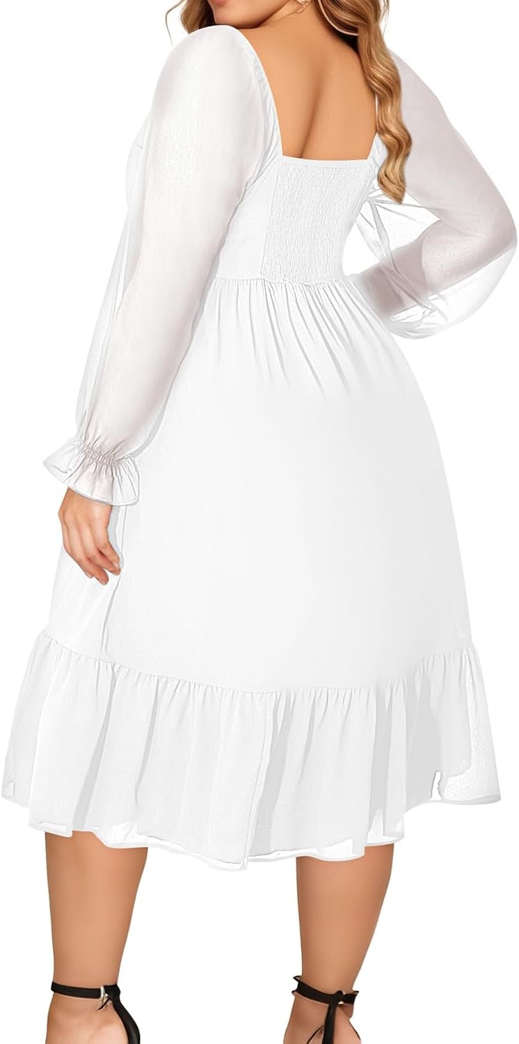 Plus Size Wedding Guest Dress Chiffon Sweetheart A Line Midi Dresses Women | Plus Size Cocktail Wedding Guest Dress Women Fall Semi Formal Dresses for Special Occasions Flowy Chiffon A Line Midi Dress(White)