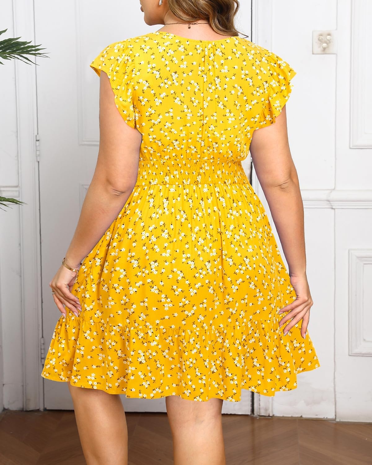 Talisea Womens Plus Size Summer Dress – Casual Beach Floral Print V Neck Ruffle Sleeve Flowy Short Sundress with Pockets(Yellow Floral)