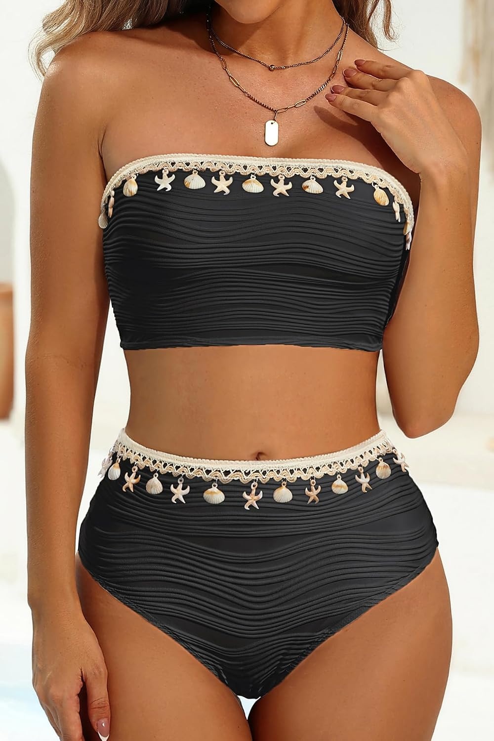 High Waisted Bandeau Bikini Set – Ribbed Strapless Two Piece Swimsuit | Secure bandeau top with straps. High waist bottom for comfortable coverage. Full coverage back for confident wear.(Shell-black)