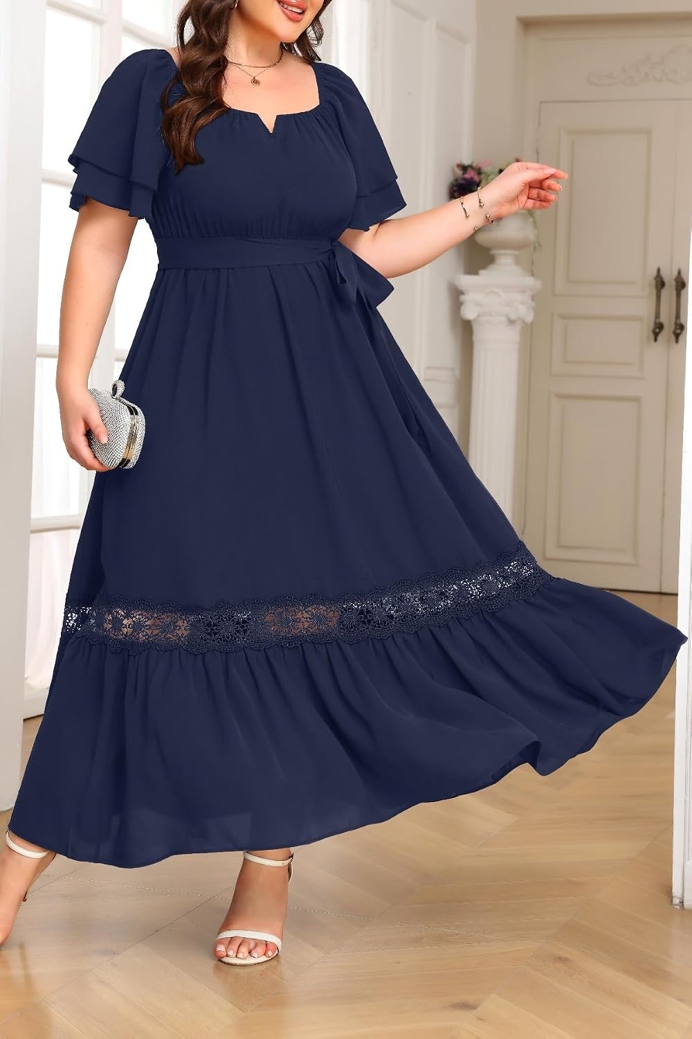 Talisea Plus Size Wedding Guest Dress Square Neck Flutter Sleeve Maxi Dress(Navy)