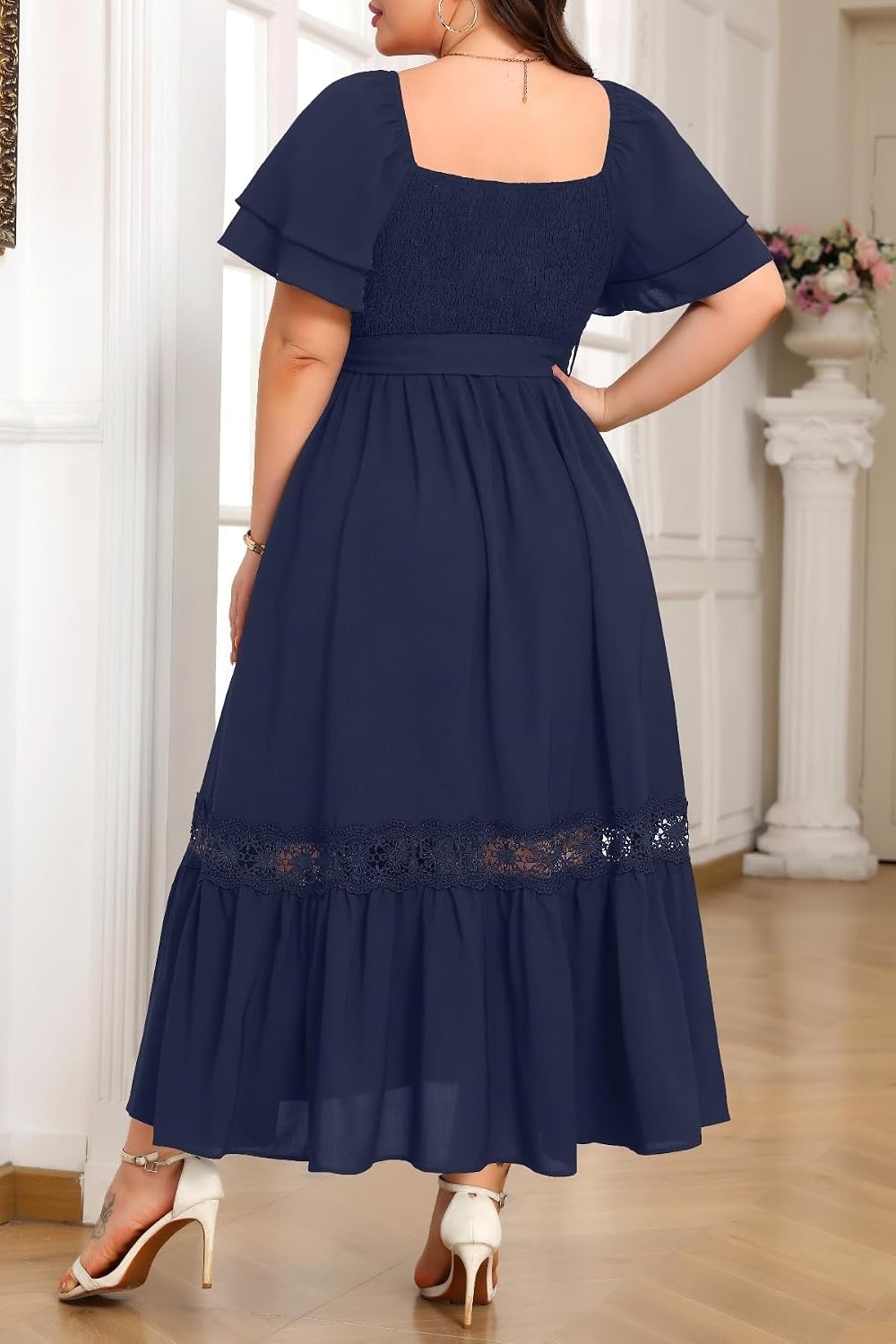 Talisea Plus Size Wedding Guest Dress Square Neck Flutter Sleeve Maxi Dress(Navy)