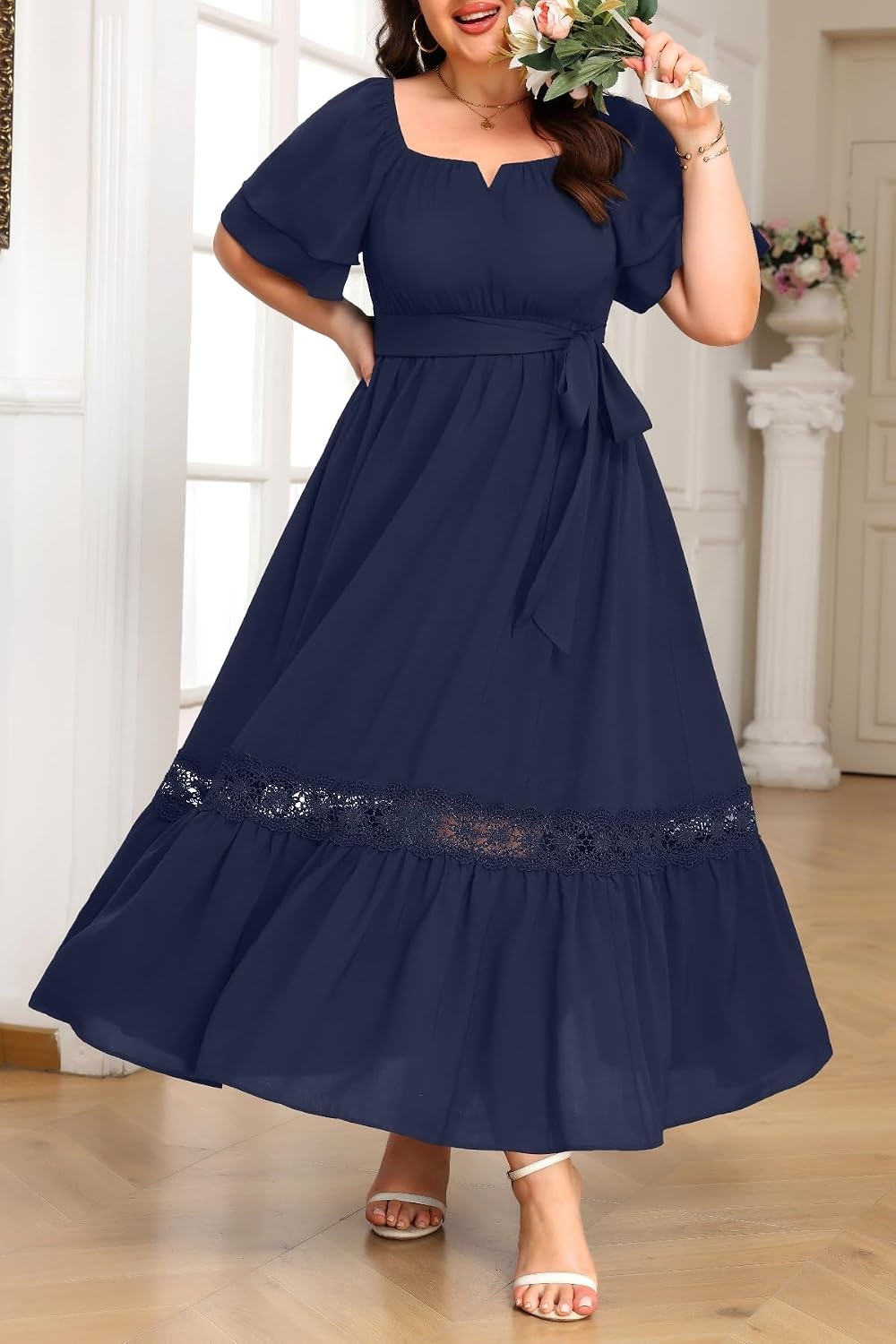 Talisea Plus Size Wedding Guest Dress Square Neck Flutter Sleeve Maxi Dress(Navy)