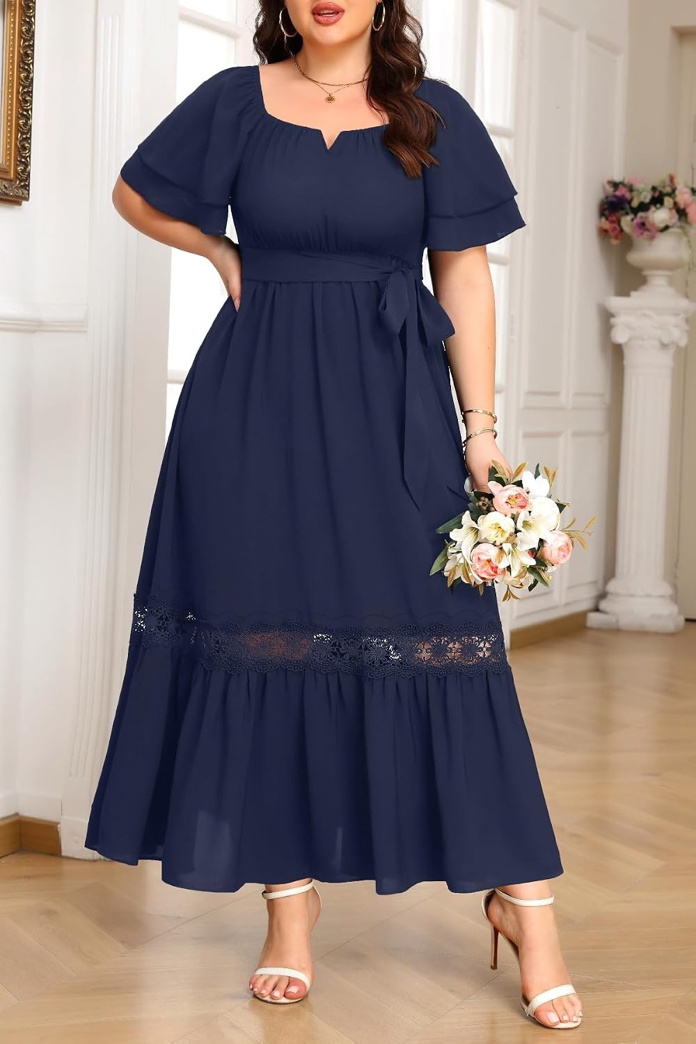 Talisea Plus Size Wedding Guest Dress Square Neck Flutter Sleeve Maxi Dress(Navy)