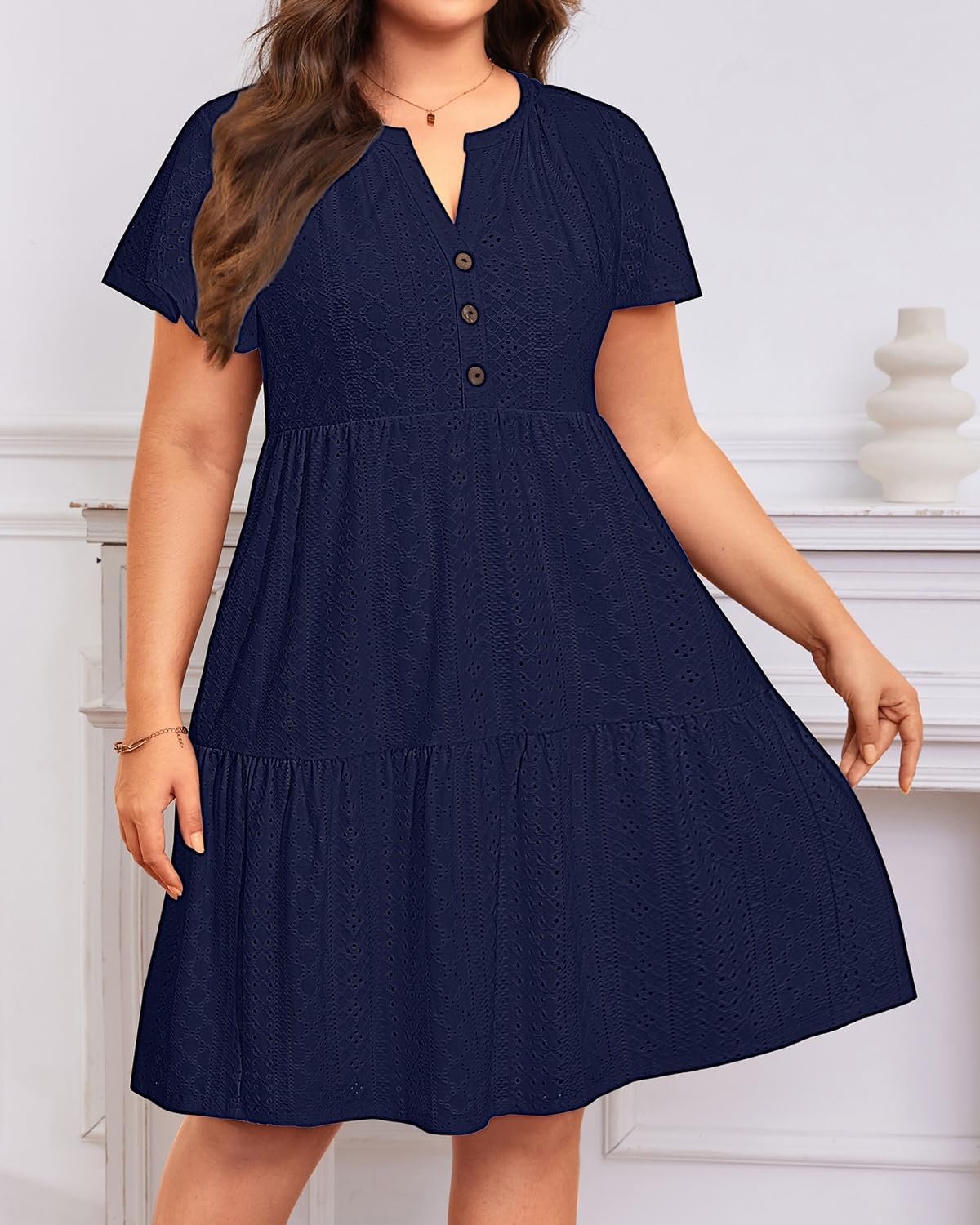 Plus Size Summer Dress Casual Short Sleeve Button Midi Sun Dresses Women(Navy Blue Eyelet)
